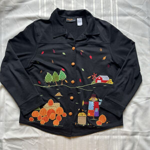 Vintage ONQUE Medium Black Pumpkin Patch Sweater Fall Halloween Button Cardigan